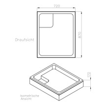 Technische Zeichnung einer Duschwanne mit den Massen 720 x 870 x 170 Millimeter.