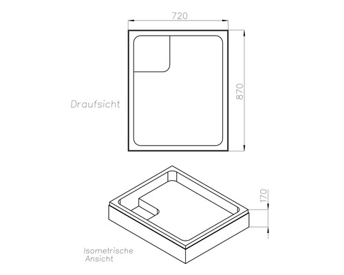 Technische Zeichnung einer Duschwanne mit den Massen 720 x 870 x 170 Millimeter.