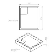 Technische Zeichnung einer Duschwanne mit den Maßen 770 x 970 x 130 mm.