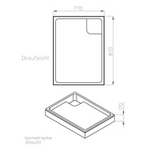 Technische Zeichnung einer Duschwanne mit Maßen 770 x 870 x 170 mm