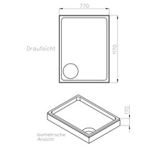 Technische Zeichnung einer Duschwanne mit Maßen 770 x 1170 x 170 mm