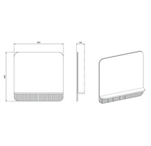 Dessin technique d'un panneau carré avec angles arrondis, tablette et structure à lamelles. Dimensions 860 par 860 par 140 millimètres.