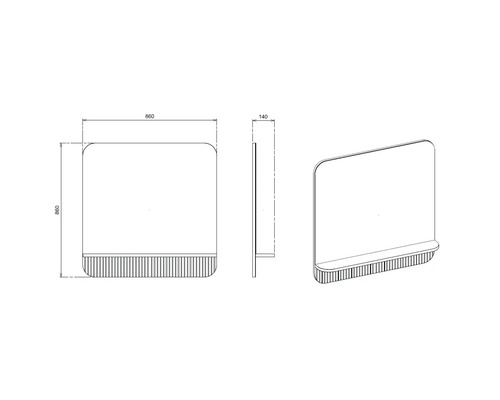 Dessin technique d'un panneau carré avec angles arrondis, tablette et structure à lamelles. Dimensions 860 par 860 par 140 millimètres.
