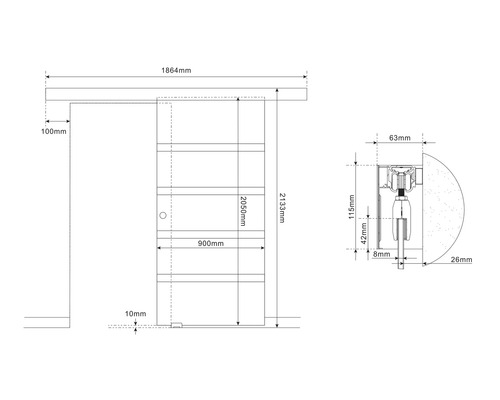 Dessin technique d'une porte coulissante avec indications de dimensions