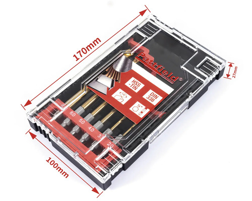 Jeu de forets dans une boîte en plastique transparente avec indications de taille