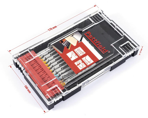 Jeu de lames de scie sauteuse Pattfield dans une boîte transparente mesurant 170 mm x 100 mm x 27 mm