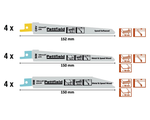 Pattfield Lames de scie sabre pour bois et métal, différentes tailles, 12 pièces