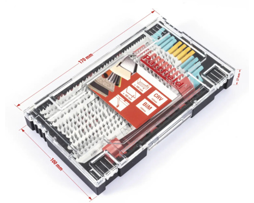 Jeu d'outils Patfield dans une boîte transparente avec dimensions