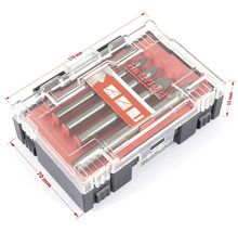 Jeu de forets dans une boîte en plastique transparente de dimensions 170 mm x 70 mm x 35 mm.