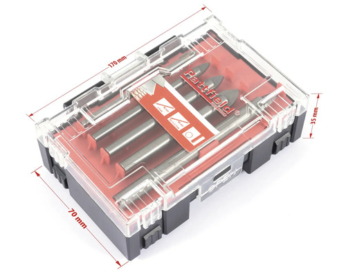 Jeu de forets dans une boîte en plastique transparente de dimensions 170 mm x 70 mm x 35 mm.