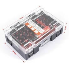 Pattfield Bitset mit verschiedenen Schraubendreher-Bits in einem transparenten Kunststoffkoffer mit Grössenangaben