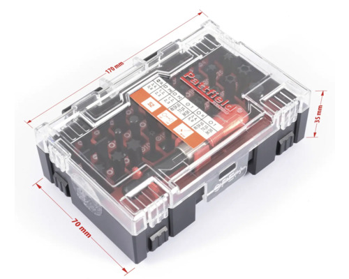 Pattfield Bitset mit verschiedenen Schraubendreher-Bits in einem transparenten Kunststoffkoffer mit Grössenangaben