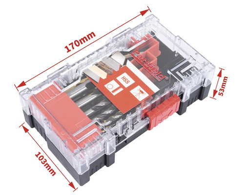 Bohrer Set in transparenter Box mit Größenangaben