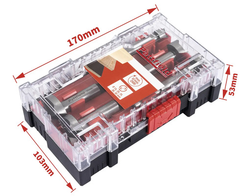 Pattfield Forstnerbohrer Set mit verschiedenen Größen in transparenter Box mit Abmessungen