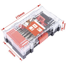 Jeu de tarauds et filières Partfield dans un coffret en plastique transparent de dimensions 170 mm x 103 mm x 53 mm.