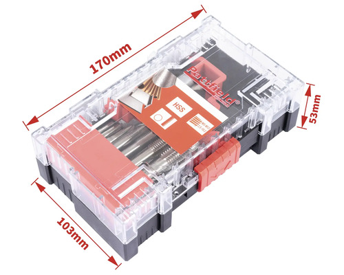 Jeu de tarauds et filières Partfield dans un coffret en plastique transparent de dimensions 170 mm x 103 mm x 53 mm.