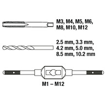 Taraud M3, M4, M5, M6, M8, M10, M12 avec forets 2,5 mm, 3,3 mm, 4,2 mm, 5,0 mm, 8,5 mm, 10,2 mm et porte-filière M1 à M12