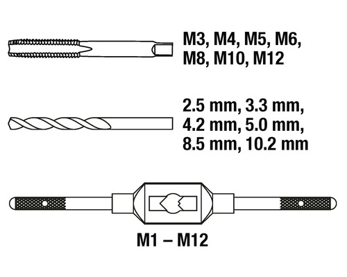 Taraud M3, M4, M5, M6, M8, M10, M12 avec forets 2,5 mm, 3,3 mm, 4,2 mm, 5,0 mm, 8,5 mm, 10,2 mm et porte-filière M1 à M12