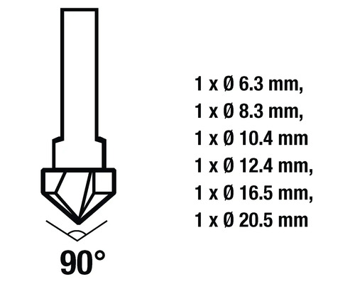 Foret à chanfreiner avec un angle de 90 degrés et indications de taille