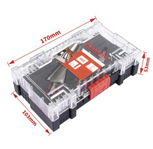 Kit d'outils Patfield dans une boîte en plastique transparente mesurant 170 x 103 x 53 millimètres.
