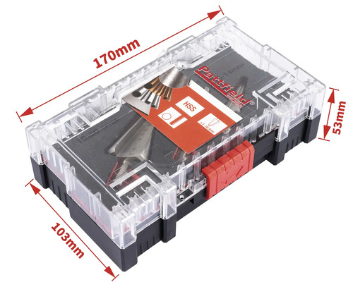 Kit d'outils Patfield dans une boîte en plastique transparente mesurant 170 x 103 x 53 millimètres.