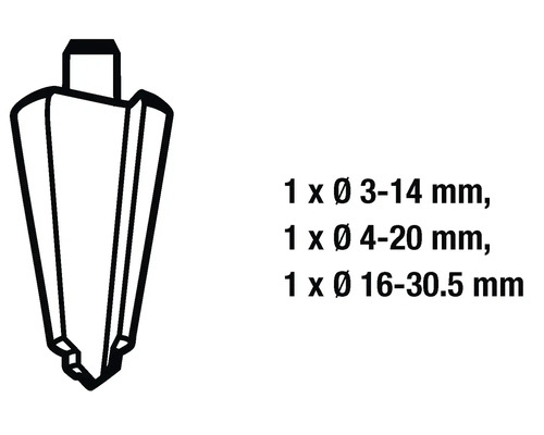 Foret étagé tailles 3 à 14 millimètres, 4 à 20 millimètres et 16 à 30,5 millimètres