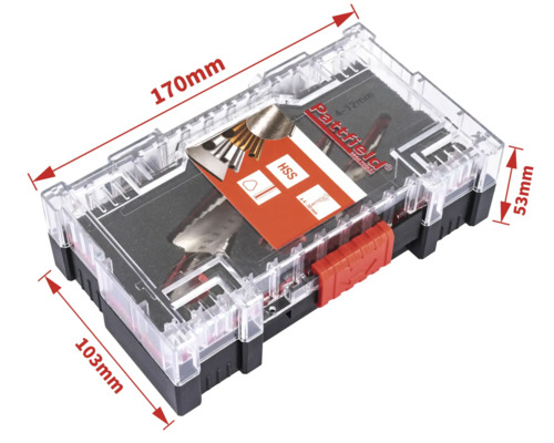 Partfield Werkzeug-Set in Aufbewahrungsbox, Abmessungen 170 x 103 x 53 mm
