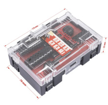 Set d'outils Pattfield dans une boîte transparente avec indications de taille