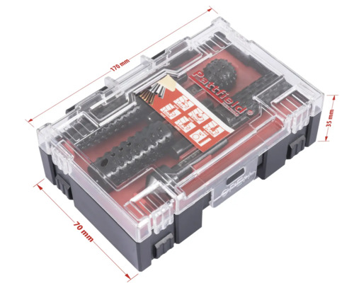 Set d'outils Pattfield dans une boîte transparente avec indications de taille