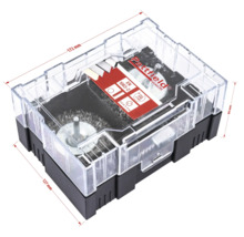 Set de brosses métalliques Pattfield avec différents embouts de brosse dans un emballage transparent avec indications de dimensions