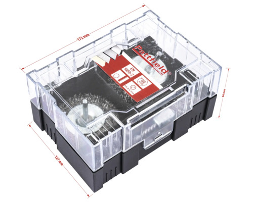 Set de brosses métalliques Pattfield avec différents embouts de brosse dans un emballage transparent avec indications de dimensions