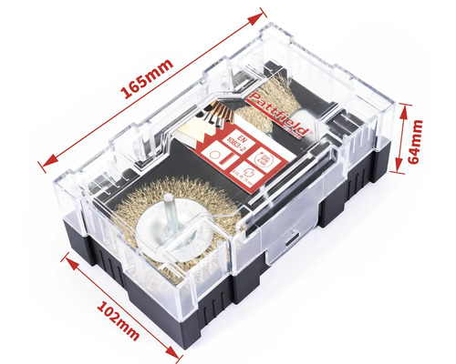 Jeu de brosses métalliques Pattfield dans une mallette en plastique transparente avec indications de taille.