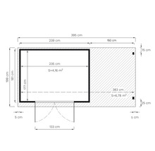 Detaillierte Maßzeichnung eines Gartenhauses mit Terrasse und Größenangaben in Zentimetern