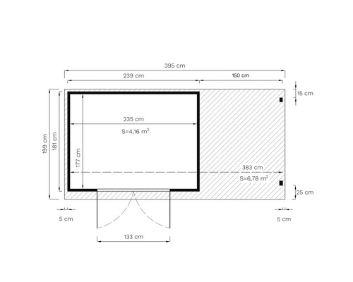Detaillierte Maßzeichnung eines Gartenhauses mit Terrasse und Größenangaben in Zentimetern