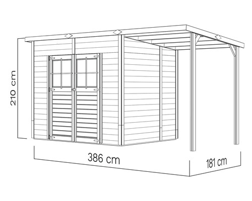 Illustration eines Holzgartenhauses mit einer Höhe von 210 cm, einer Breite von 386 cm und einer Tiefe von 181 cm.