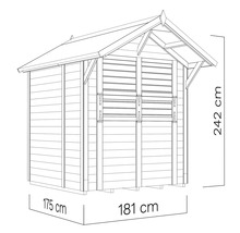 Zeichnung eines Gartenhauses mit den Maßen 175 cm mal 181 cm mal 242 cm.