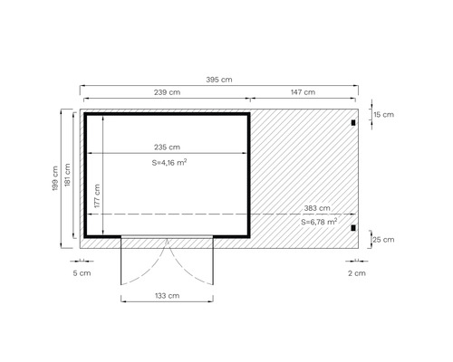 Grundriss mit Massangaben in Zentimetern und Flächenangaben in Quadratmetern