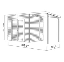 Abbildung eines Gartenhauses mit den Maßen 386 cm Länge, 211 cm Höhe und 181 cm Breite