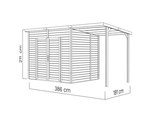 Abbildung eines Gartenhauses mit den Maßen 386 cm Länge, 211 cm Höhe und 181 cm Breite
