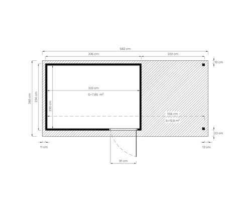 Grundrisszeichnung eines Gartenhauses mit Abmessungen