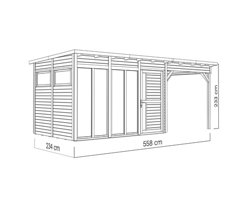 Illustration eines Gartenhauses mit Abmessungen von 234 cm Breite, 558 cm Länge und 233 cm Höhe
