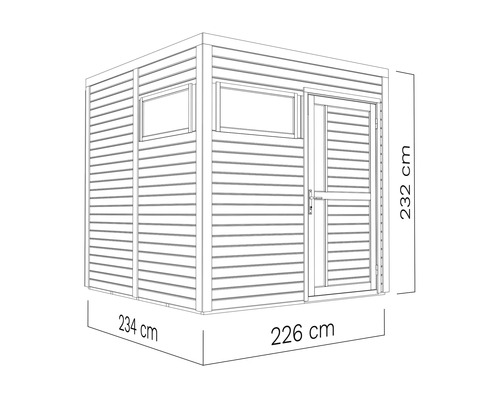 Illustration eines Gartenhauses mit den Massen 234 x 226 x 232 cm