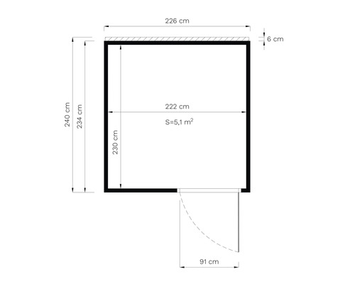 Technische Zeichnung eines Gartenhauses mit den Maßen 240 x 226 Zentimeter und einer Grundfläche von 5,1 Quadratmetern.