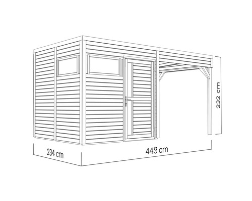 Illustration eines Gerätehauses mit Überdachung und Maßangaben: 234 cm breit, 449 cm lang und 232 cm hoch.
