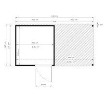 Grundriss eines Gartenhauses mit den Maßen 449 mal 446 Zentimeter und einer Fläche von 15,3 Quadratmetern