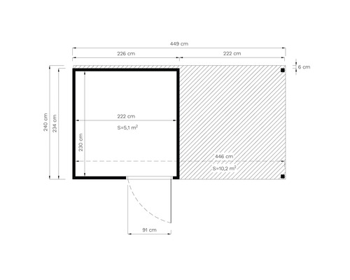 Grundriss eines Gartenhauses mit den Maßen 449 mal 446 Zentimeter und einer Fläche von 15,3 Quadratmetern