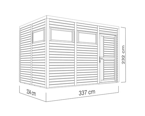 Abbildung eines Gartenhauses mit Abmessungen