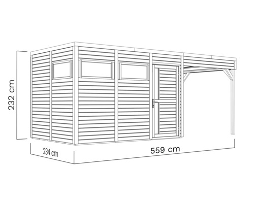 Illustration eines Gartenhauses mit Vordach und Maßangaben