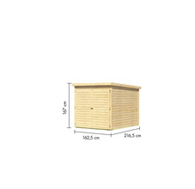 Gartenhaus aus Holz mit den Maßen Höhe 167 cm, Breite 162,5 cm und Tiefe 216,5 cm.