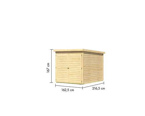 Gartenhaus aus Holz mit den Maßen Höhe 167 cm, Breite 162,5 cm und Tiefe 216,5 cm.